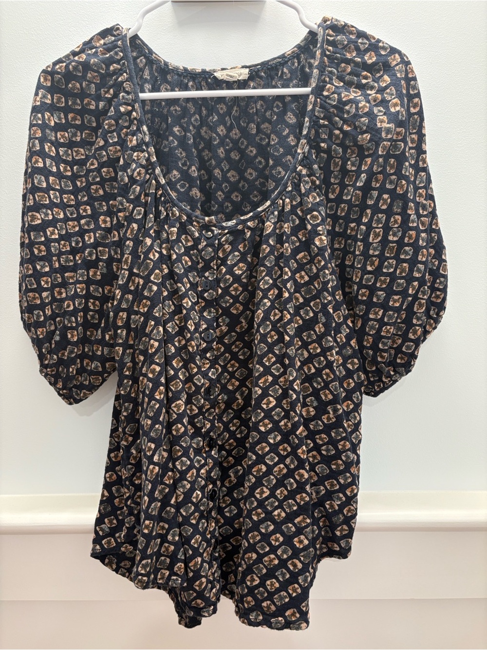 Pilcro Black Blouse with Tan Geometric Print XL purchased from ANTHROPOLOGIE